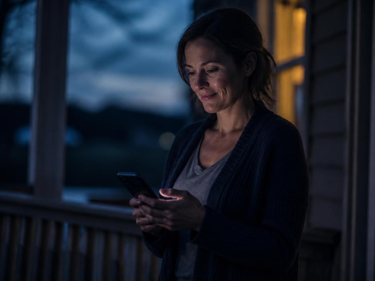 An adult daughter on a porch at dusk, reading a message on her phone with relief