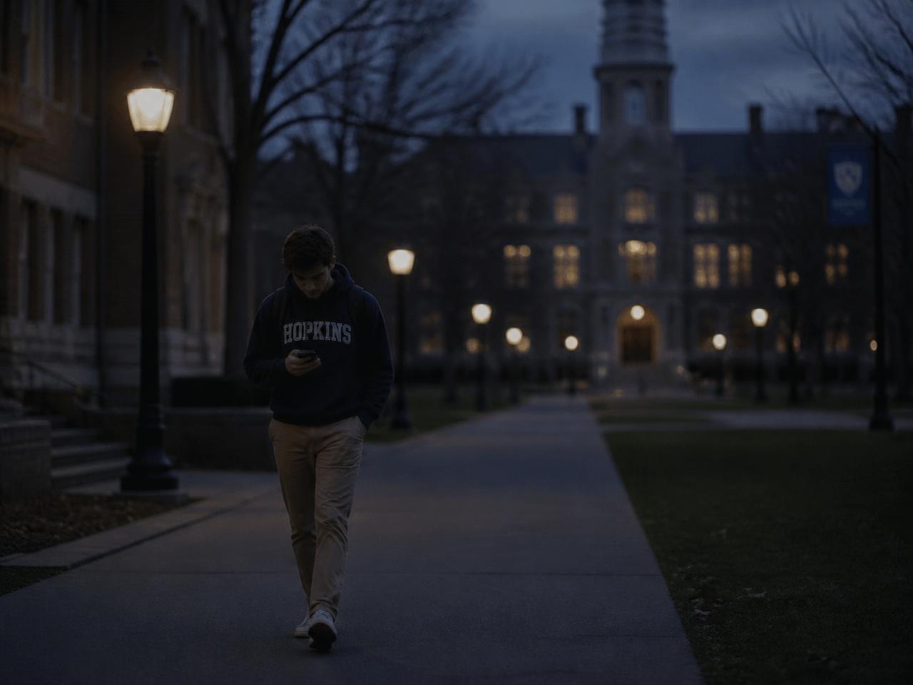 A university student walking alone across campus at dusk, glancing at their phone