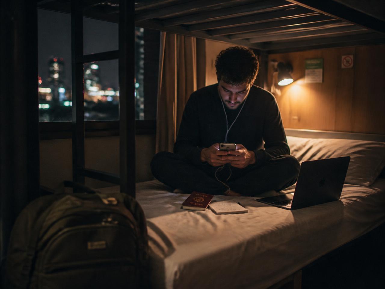 A solo traveler sitting on a hostel bunk at night, looking at their phone beside a backpack and laptop