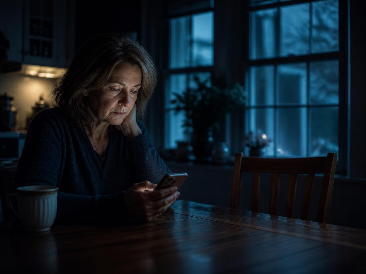 A mother sitting alone at a dim kitchen table in the evening, looking at her phone