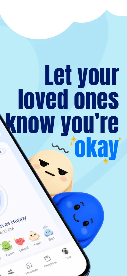 App screen showing the mood picker with Happy, Calm, Loved, Meh and Sad characters