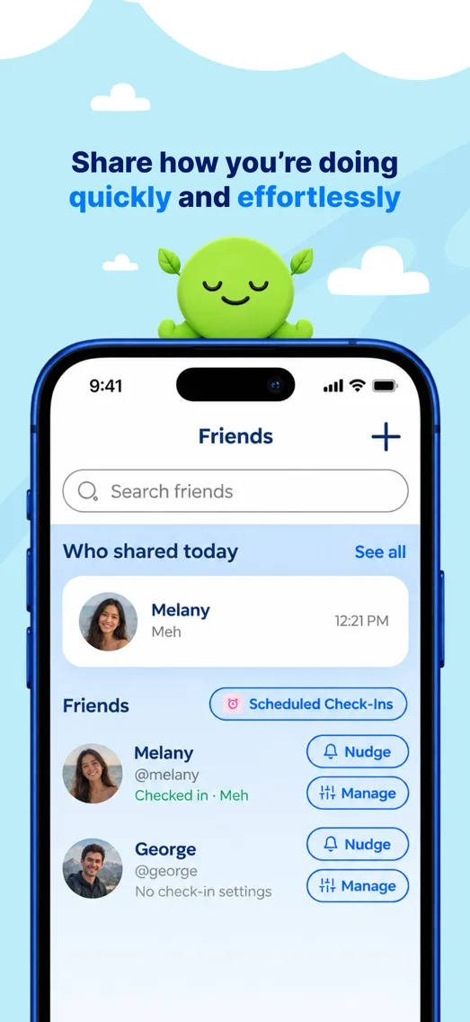 Friends screen showing who shared today and Nudge buttons