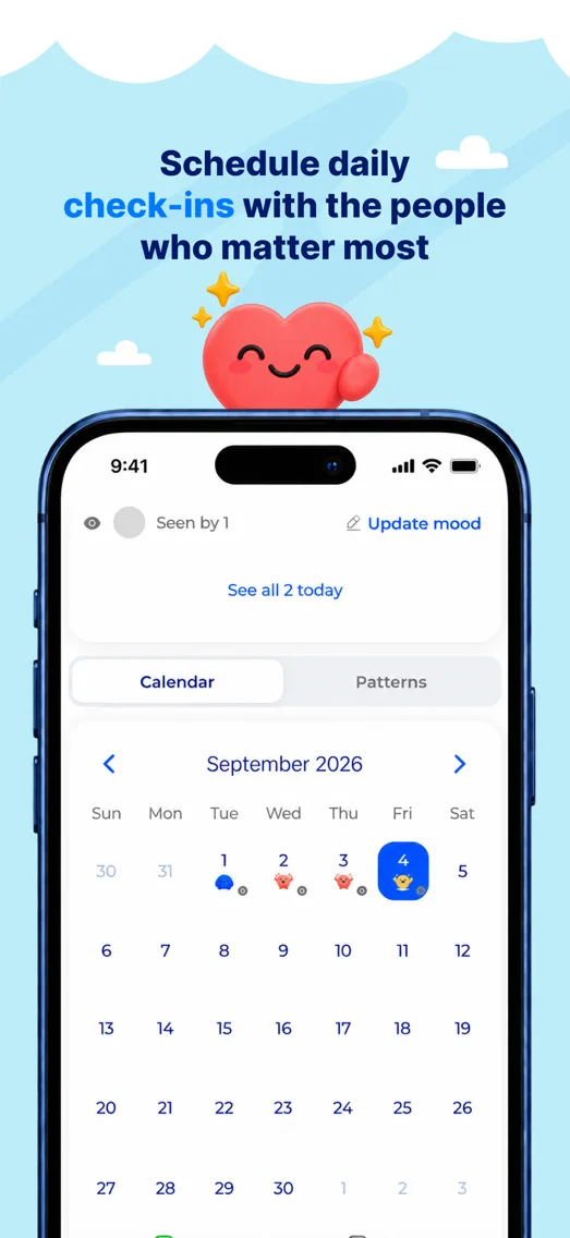 Calendar screen showing a month of mood check-ins